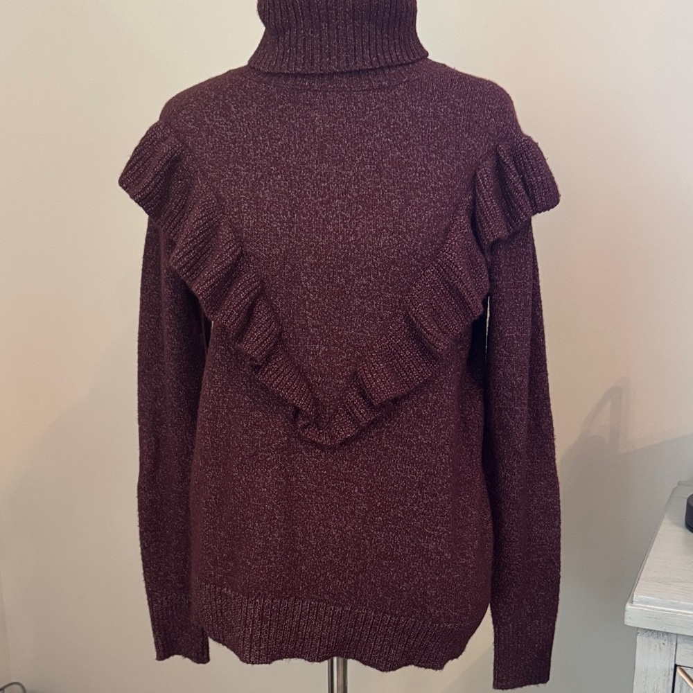 Ann Taylor Factory Maroon Ruffle Turtleneck Sweater, XS